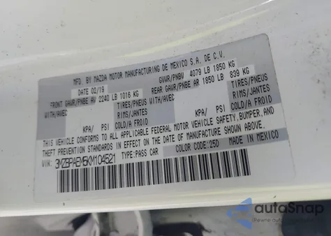 2019 Mazda Mazda3 Premium Package from USA, damaged, VIN 3MZBPAEM5KM104521